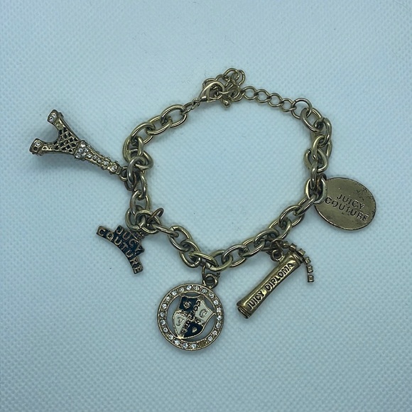 Juicy Couture Gold Tone Charm Bracelet Eiffel Tower Diploma Crest & Rhinestone - Picture 1 of 13